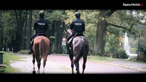 Zdjęcie kolorowe. Policjant z patrolu konnego
