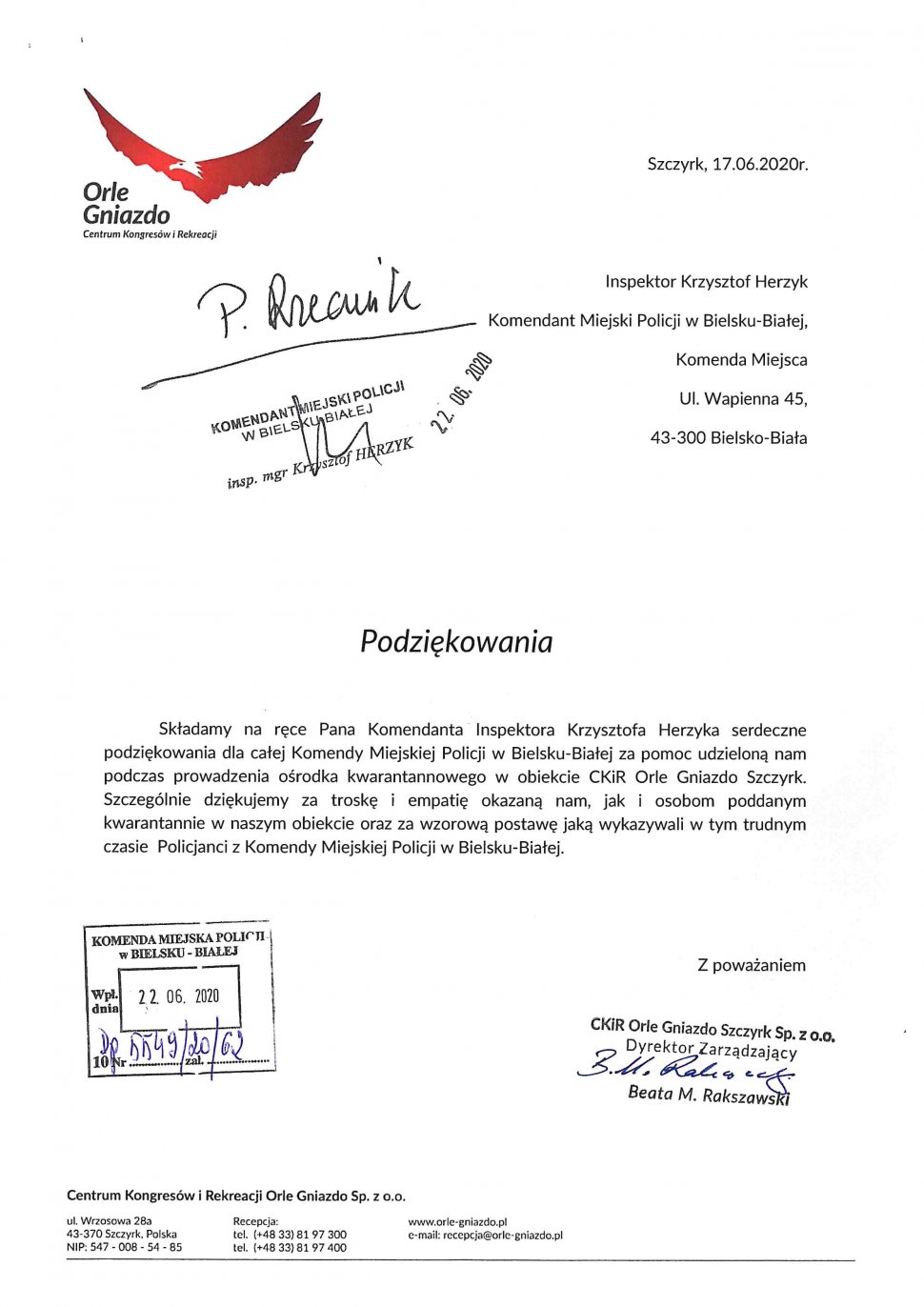 List z podziękowaniem dla bielskich policjantów