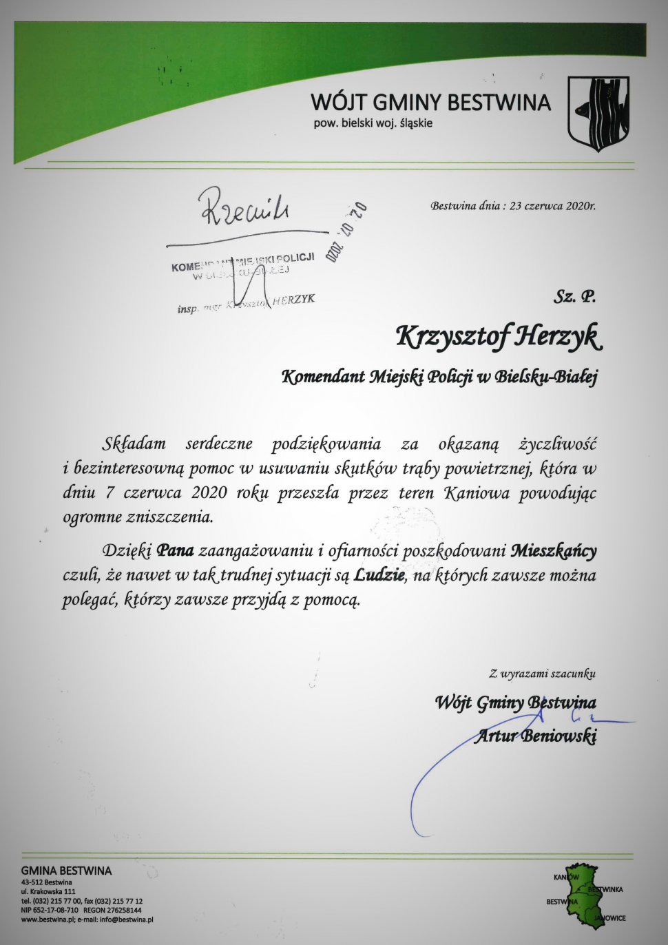 List z podziękowaniami dla komendanta policji.