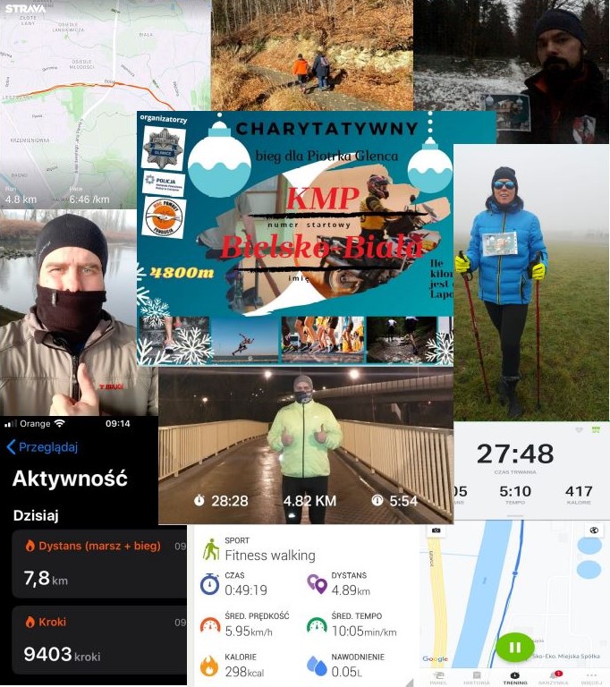 Kolaż zdjęć biegaczy, zruztów ekranu z aplilkacji do aktywności fizycznej i karty startowej biegu charytatywnego