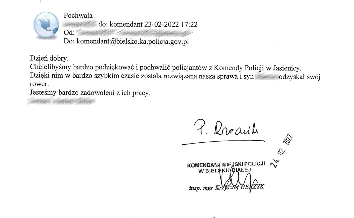 Treść wiadomości e-mail z podziekowaniem za pracę policjantów