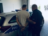 Policjant umieszcza zatrzymanego w radiowozie.