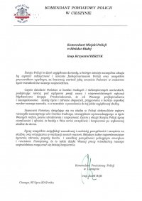 List z życzeniami z okazji Święta Policji