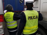 Policjant i inspektor WIOŚ kontrolują ciężarówkę.
