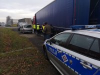 Policyjny radiowóz stoi obok ciężarówki. Przy niej stoją policjanci z inspektorem WIOŚ i kierowcą.