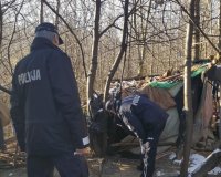Policjanci sprawdzają szałas, w którym mieszka bezdomny.