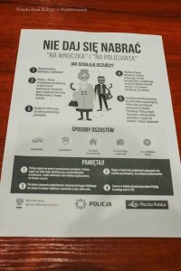 Ulotka informacyjna dla seniorów dotycząca oszustw.