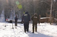 Policjant i strażnik leśny idą w lasu. W tle zaparkowane pojazdy terenowe.
