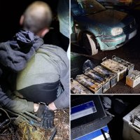 Kolaż zdjęć z zatrzymania mężczyzny na gorącym uczynku popełnienia przestępstwa i odzyskanych akumulatorów.