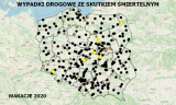 mapa Polski z zaznaczonymi miejscami wypadków drogowych ze skutkiem śmiertelnym