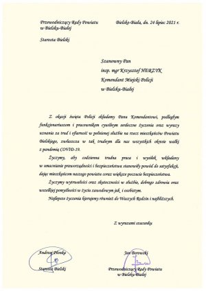 List gratulacyjny z okazji Święta Policji 2021 adresowany do Komendanta Miejskiego Policji w Bielsku-Białej