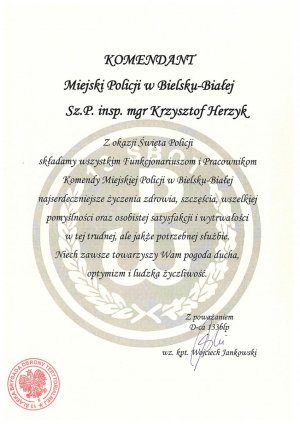List gratulacyjny z okazji Święta Policji 2021 adresowany do Komendanta Miejskiego Policji w Bielsku-Białej