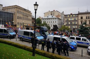 Umundurowani policjanci stoją przy radiowozach, a tle uczestnicy zgromadzenia.