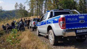 Na pierwszym planie policyjny wóz, w tle policjanci i straż leśna. Zdjęcie wykonane na szlaku w górach.